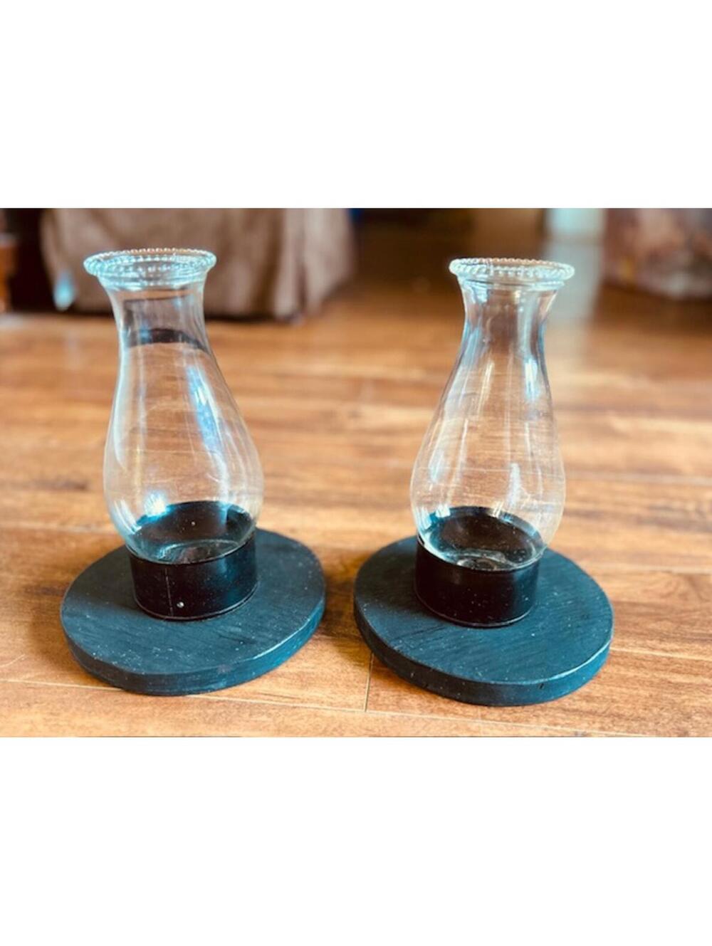Set of 2 Clear Glass Candle Holders with Black Wooden Bases